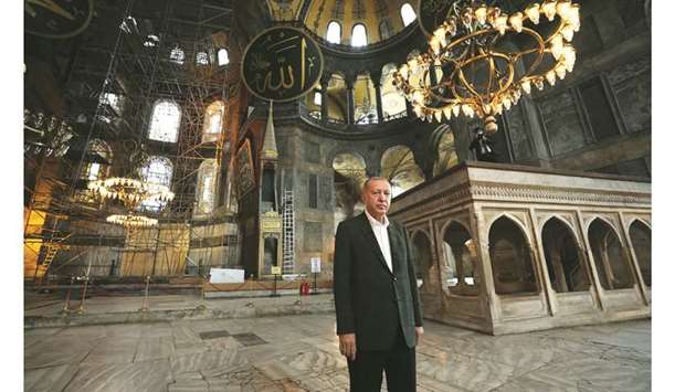 President Tayyip Erdogan visits the Hagia Sophia (Ayasofya-i Kebir Camii in Turkish) in Istanbul on Sunday.