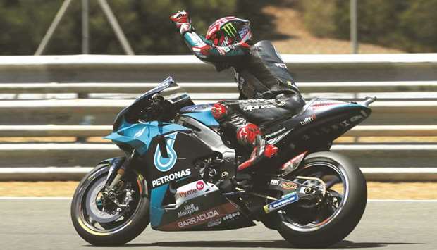 Petronas Yamaha SRTu2019s Fabio Quartararo reacts during Andalucia Grand Prix qualifying round in Jerez on Saturday. (Reuters)