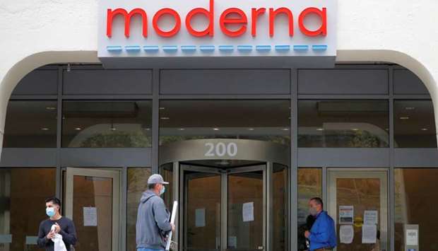 A sign marks the headquarters of Moderna Therapeutics, which is developing a vaccine against the coronavirus disease, in Cambridge, Massachusetts, U.S