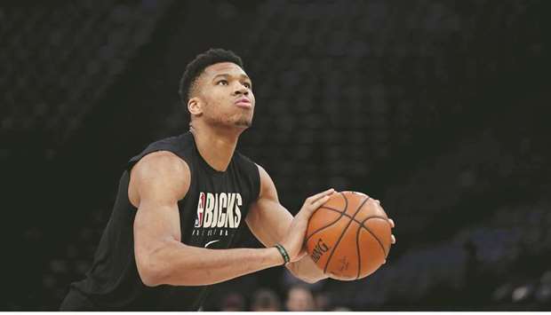 Milwaukee Bucksu2019 Giannis Antetokounmpo during the warm up before their match against Charlotte Hornets at the AccorHotels Arena, Paris, France. on January 24, 2020. (Reuters)