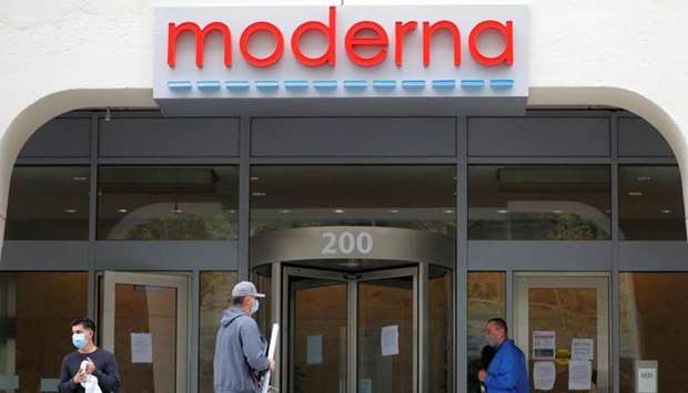 A sign marks the headquarters of Moderna Therapeutics, which is developing a vaccine against the coronavirus disease, in Cambridge, Massachusetts, US