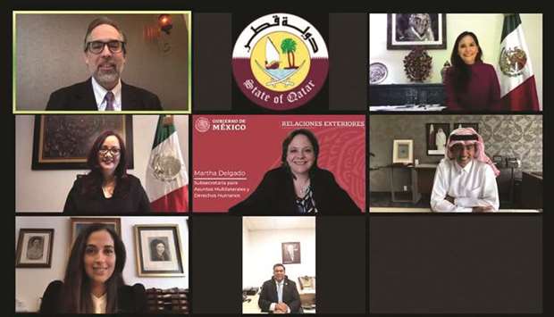 Qatari and Mexican officials taking part in the webinar organised by Qataru2019s embassy in Mexico on the occasion of the 45th anniversary of diplomatic relations between the two countries.