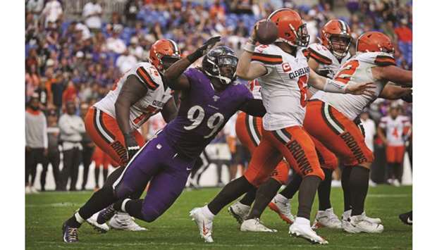 The Baltimore Ravensu2019 Matthew Judon (left) in action during their NFL game against the Cleveland Browns at M&T Bank Stadium in Baltimore on September 29, 2019. (TNS)