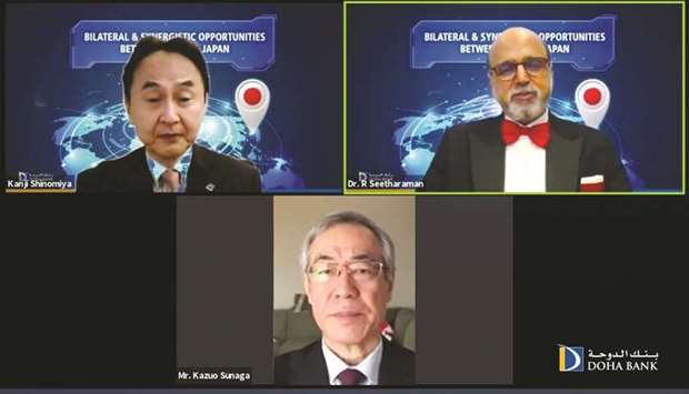 Addressing a webinar on u2018Bilateral and Synergistic Opportunities between Qatar and Japanu2019, Doha Bank chief executive Dr R Seetharaman (top right) said Japanese investors can get easy access to Dohau2019s growth through investing in the domestic equity market via its QETF and also financing Qatar mega infrastructure projects and via direct investments.