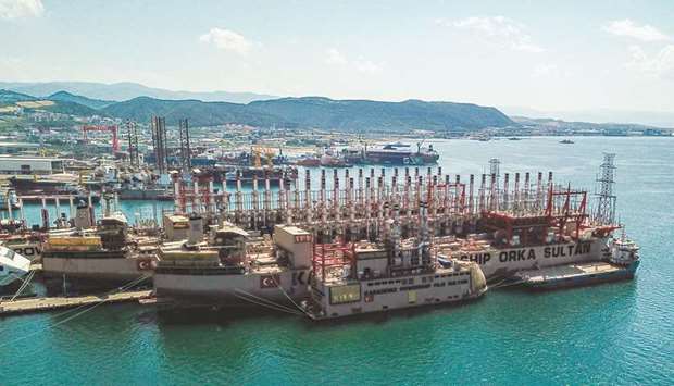 An aerial view of powerships docked in a shipyard at Altinova district in Yalova, Turkey. Karadeniz Holding plans to send its team to Libya within weeks and could start  supplying power to western Libya within 30 days, chief commercial officer Zeynep Harezi told Reuters.