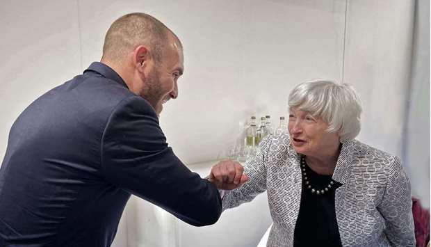 Argentinian Minister of Economy Martin Guzman (L) greeting US Secretary of Treasure Janet Yellen in Venice, Italy 