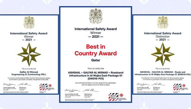 This prestigious award comes on the heels of Galfar Al Misnadu2019s recent receipt of two International Safety Awards in 2021 from the British Safety Council, for the companyu2019s overall safety performance, as well as one with Distinction for the 'Roads and Infrastructure in Al Wajba East Project', being executed for Ashghal.