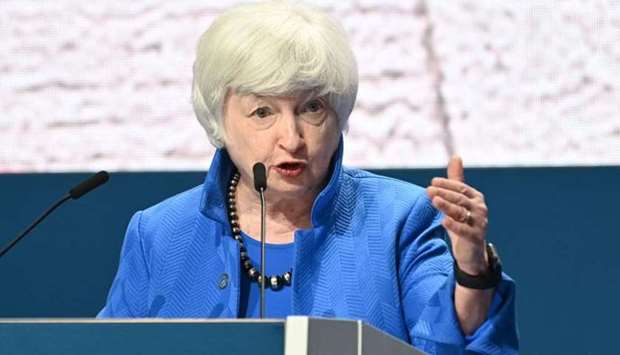 US Treasury Secretary Janet Yellen gestures as she addresses a press conference during the G20 finance ministers and central bankers meeting in Venice.