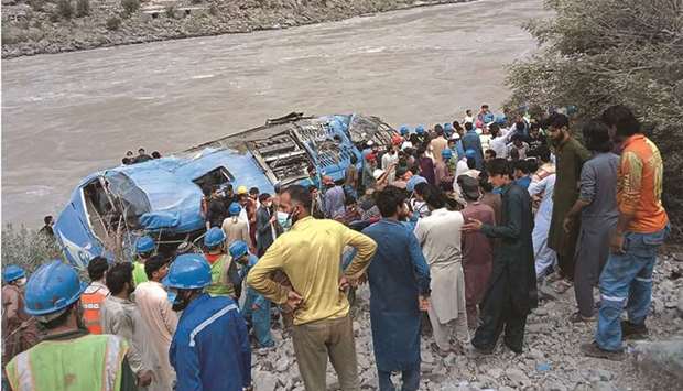 Rescue workers and onlookers gather around a wreck after a bus plunged into a ravine following an explosion in Kohistan district of Khyber Pakhtunkhwa province yesterday. (AFP)