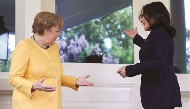 US Vice-President Kamala Harris with German Chancellor Angela Merkel at the US Naval Observatory in Washington, US.