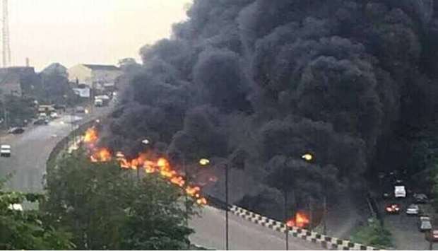 An image being shared on social media that purportedly shows smoke and fire billowing after the tanker caught fire