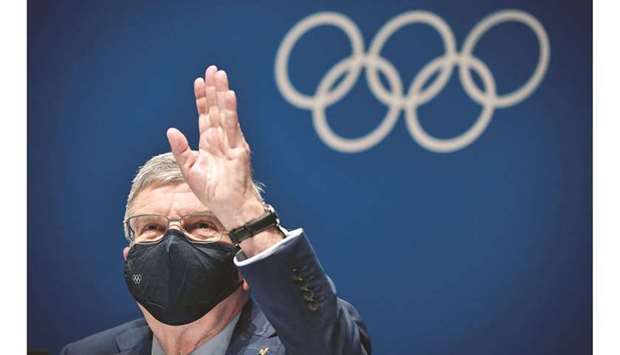 IOC president Thomas Bach gestures during a news conference in Tokyo on Saturday. (AFP)