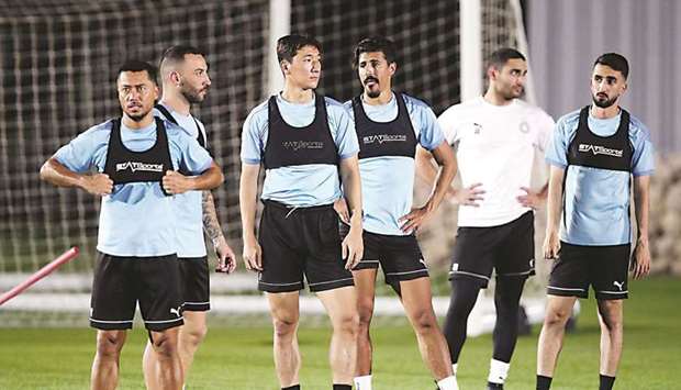 Al Sadd players train at the clubu2019s facility on Wednesday.