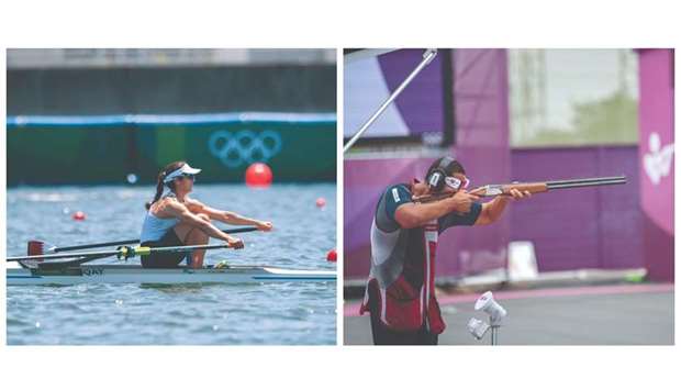 Qatar's rower Tala Abujbara, left, and Qatar's trap shooter Mohamed al-Rumaihi