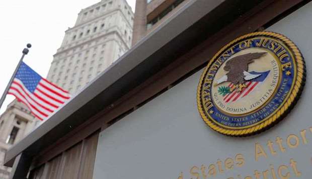 (File photo) The seal of the US Department of Justice is seen on the building exterior of the US Attorney's Office of the Southern District of New York recently. (Reuters)