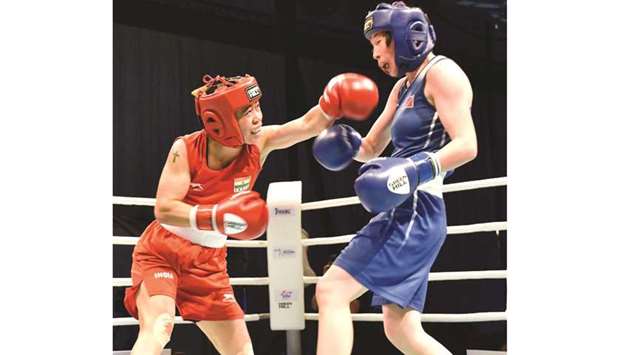 Indiau2019s Mary Kom (left) in action during Asian Amateur Boxing Championship in Dubai.