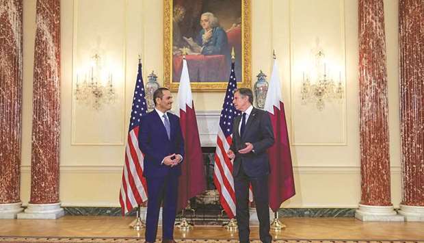 HE the Deputy Prime Minister and Minister of Foreign Affairs Sheikh Mohamed bin Abdulrahman al-Thani meeting with US Secretary of State Antony Blinken in Washington on Thursday.