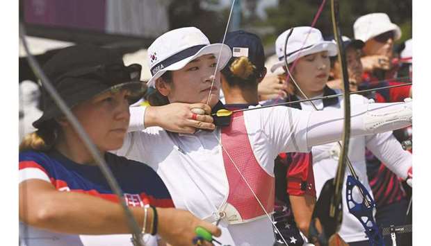 South Koreau2019s Kang Chae-young (centre) competes in the womenu2019s individual archery ranking round during the Tokyo 2020 Olympic Games in Tokyo yesterday. (AFP)