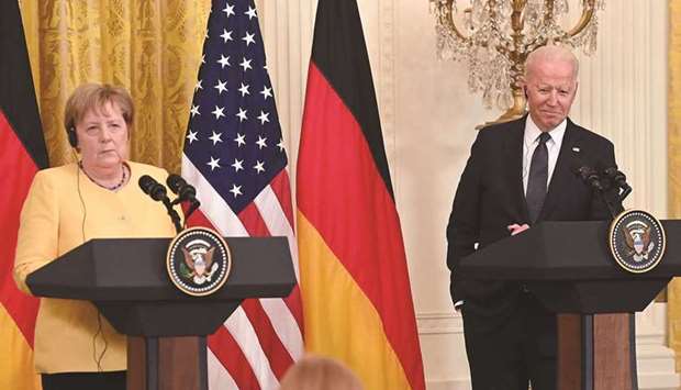 In this file photo US President Joe Biden and German Chancellor Angela Merkel hold a joint press conference in the East Room of the White House in Washington, DC.