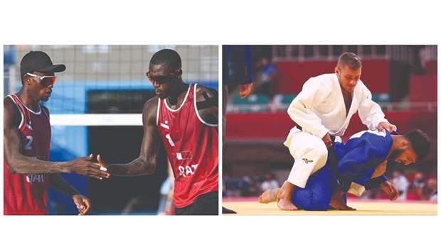 Qataru2019s Ahmed Tijan (left) and Cherif Younousse celebrate after winning a point during their beach volleyball Pool C match against Switzerlandu2019s Adrian Heidrich and Mirco Gerson at the Tokyo Olympics in Tokyo on Sunday, left, and    Ayoub Elidrissi of Qatar (in blue) in action against Dzmitry Minkou of Belarus in the menu2019s 66kg Judo last 32 match in Tokyo yesterday. (Reuters)