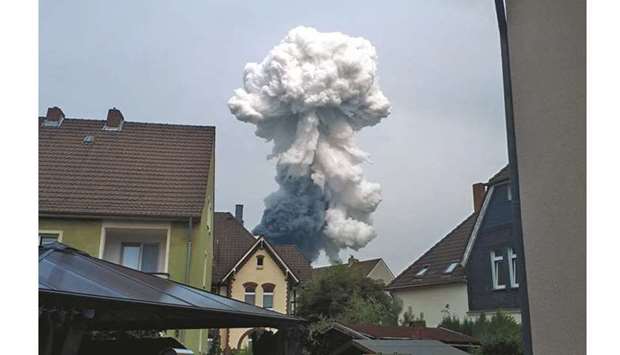 Smoke billows following an explosion in Wiesdorf, Leverkusen, in this photo obtained from social media. (Reuters)