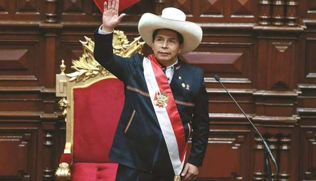 Peruu2019s new President Pedro Castillo reacting after giving a speech to the nation, during his inauguration ceremony at the National Congress in Lima yesterday.