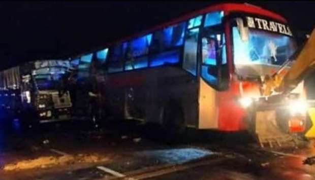 A photo being shared on social media that  purportedly shows the bus and the track rammed into it.