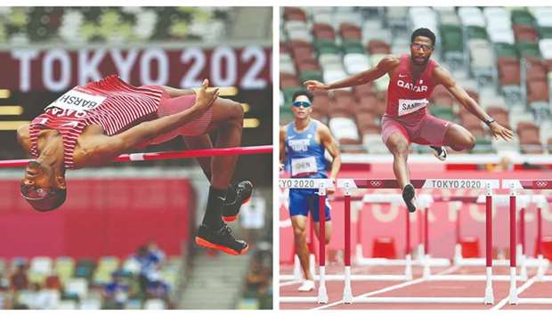 Qataru2019s Mutaz Barshim in action during the high jump qualification at the Olympic Stadium in Tokyo, left, and Abderrahman Samba clears a hurdle during the heats. (Reuters)
