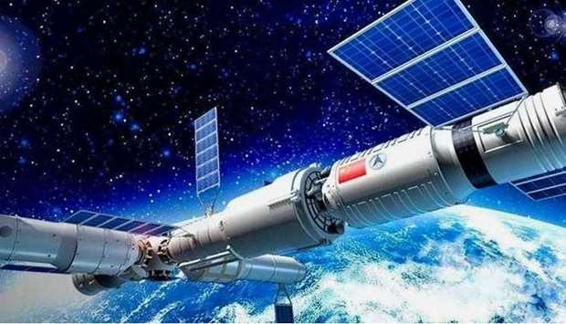 A rendering of  the Tiangong Space Station orbiting the Earth