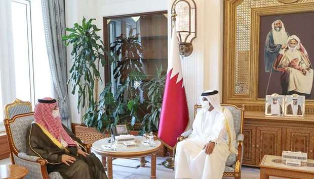 HE the Prime Minister and Minister of Interior Sheikh Khalid bin Khalifa bin Abdulaziz Al-Thani meets with the Ambassador of the Saudi Arabia to Qatar Prince Mansour bin Khalid bin Abdullah Al Farhan Al Saud.