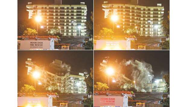 This combination of pictures created on July 4 shows the rest of the Champlain South tower just before being demolished (top left), and as it is demolished by a controlled explosion in Surfside, Florida, north of Miami Beach.