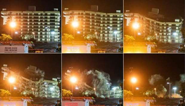 Combination of pictures that shows the rest of the Champlain South tower seen just before (top ) and as it is being demolished by a controlled explosion in Surfside, Florida, north of Miami Beach, late on July 4. AFP