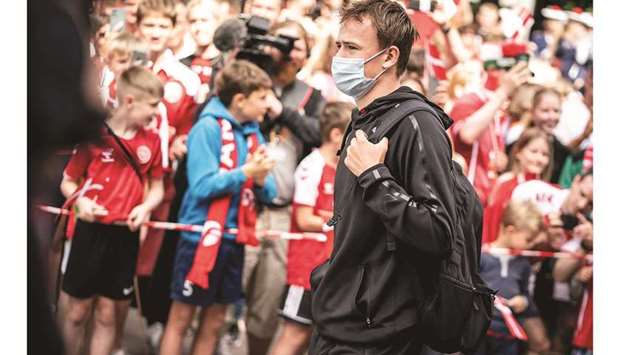 Denmarku2019s forward Mikkel Damsgaard leaves the team hotel in Helsingor on their way to London to play their UEFA EURO 2020 semi-final against England. (AFP)