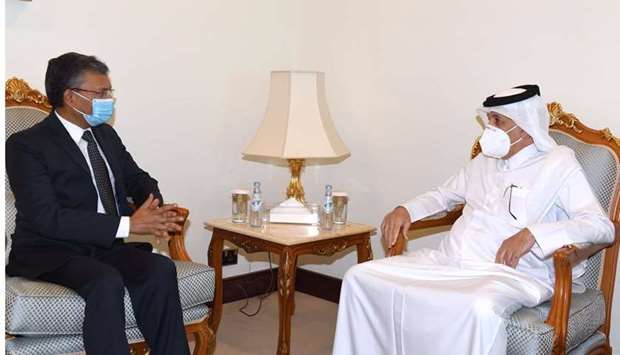 HE the Minister of State for Foreign Affairs Sultan bin Saad Al Muraikhi meets with the ambassador of India to Qatar Dr. Deepak Mittal.