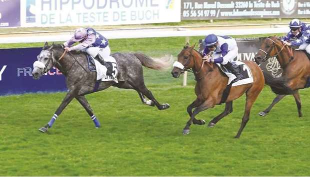 Monu2019nia, ridden by Maxime Guyon, en route to winning the Group 2 PA Criterium des Pouliches at La Teste de Buch, France, on Tuesday. (Robert Polin)
