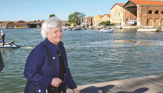 US Secretary of the Treasury Janet Yellen arrives to attend the G20 finance ministers and central bank governorsu2019 meeting in Venice yesterday. Speaking at a climate tax forum there before the meeting, Yellen called for better international co-ordination to avoid trade frictions.