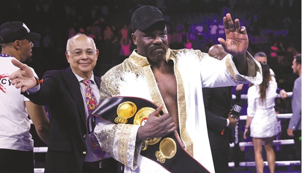 Derek Chisora celebrates winning his fight against Kubrat Pulev at the O2 Arena in London  yesterday. (Reuters)