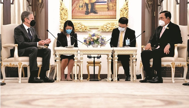 US Secretary of State Antony Blinken meets with Thailandu2019s Prime Minister Prayut Chan-o-cha at the Government House in Bangkok, yesterday.