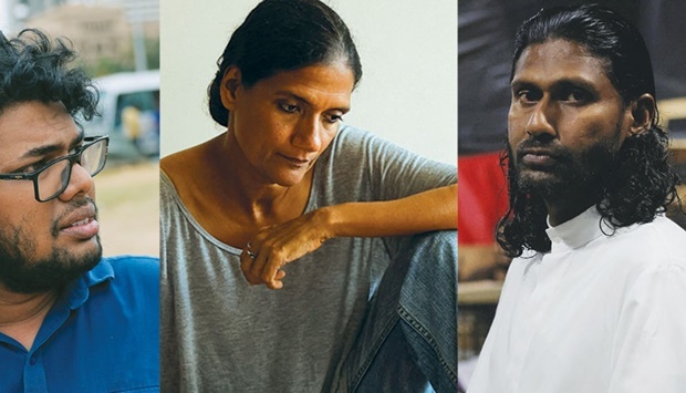 (Frome left) Chameera Dedduwage, a digital strategist at a major advertising firm, uses a smartphone at GotaGoHome village. (Reuters photos); Ruwanthie de Chickera, a playwright who is part of the core group of Aragalaya activists, at work.; Jeevanth Peiris, a Catholic priest who is part of the Aragalaya core group, looks at a book at GotaGoHome village.