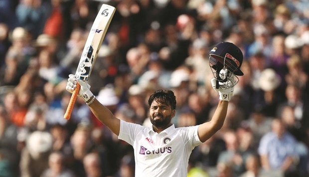 Indiau2019s Rishabh Pant celebrates reaching his century against England on the first day of the one-off Test at  Edgbaston, Birmingham, yesterday. (Reuters)