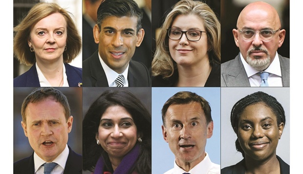 This combination of pictures shows (top row from left), Britainu2019s Foreign Secretary Liz Truss, former Chancellor of the Exchequer Rishi Sunak, International Development Secretary and Minister for Women and Equalities Penny Mordaunt, Education Secretary Nadhim Zahawi, (bottom row from left) Conservative politician Tom Tugendhat, Attorney-General Suella Braverman, Conservative MP and leadership contender Jeremy Hunt, and an undated handout photograph released by the UK Parliament of Conservative MP for Saffron Walden, Kemi Badenoch.