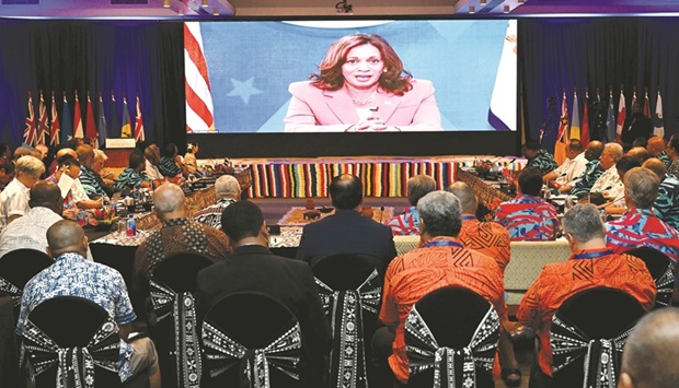 US Vice-President Kamala Harris speaks via video-link to the Pacific Islands Forum (PIF) in Suva, yesterday.