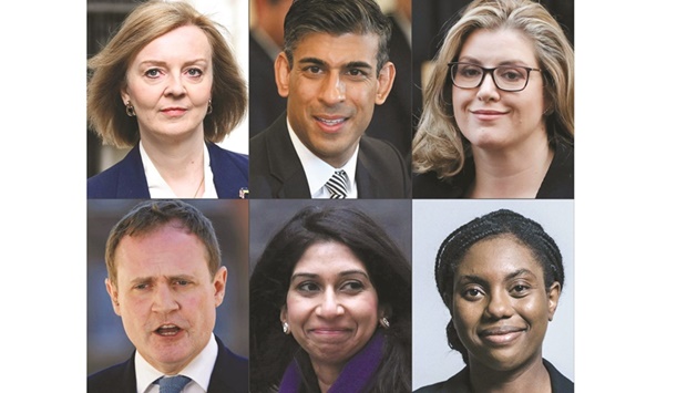 This combination of pictures shows, top row from left, Liz Truss, Rishi Sunak, Penny Mordaunt; and bottom row from left, Tom Tugendhat, Suella Braverman, and Kemi Badenoch.