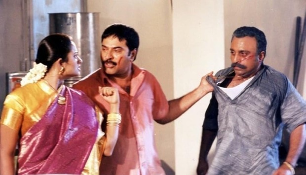 Mohan Ayroor (right), with Mammootty and Indraja in the 2003 Malayalam hit movie, Chronic Bachelor.