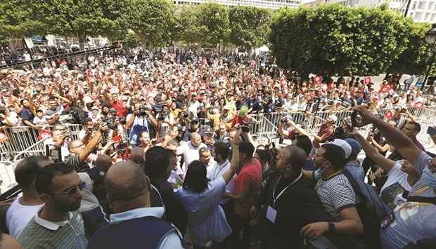 A general view of fans during the celebration in support of 2022 Wimbledon finalist Tunisiau2019s Ons Jabeur in Tunis yesterday. (Reuters)