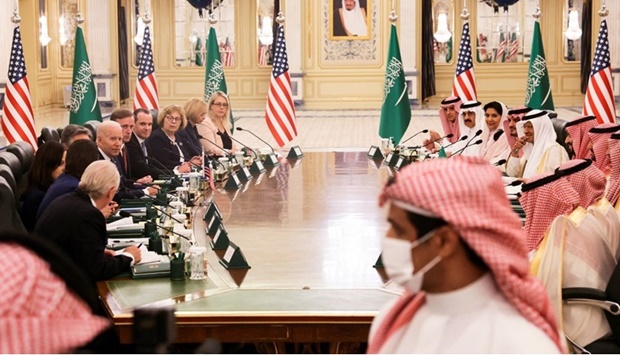US President Joe Biden participates in a bilateral meeting with Saudi Arabia's Crown Prince Mohammed bin Salman, at Al Salam Royal Palace, in Jeddah, Saudi Arabia July 15, 2022. 