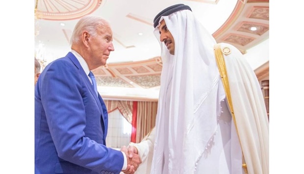 His Highness the Amir Sheikh Tamim bin Hamad Al-Thani meets with US President Joe Biden