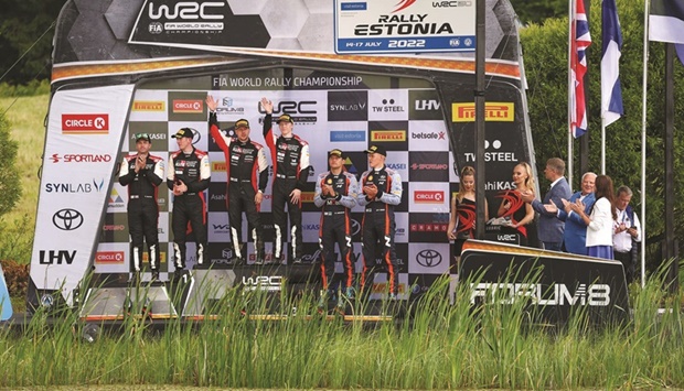 Championship leader Kalle Rovanpera and co-driver Jonne  Halttunen celebrate winning the Estonia Rally. (@KalleRovanpera)