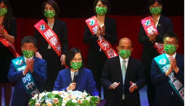 Taiwanu2019s President Tsai Ing-wen gives the keynote address during the ruling Democratic Progressive Partyu2019s annual congress in Taipei, yesterday.