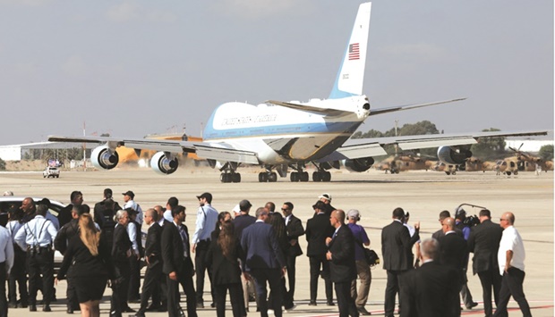This picture taken on Friday shows Air Force One preparing to take off during a ceremony at Ben Gurion airport, near Tel Aviv.
